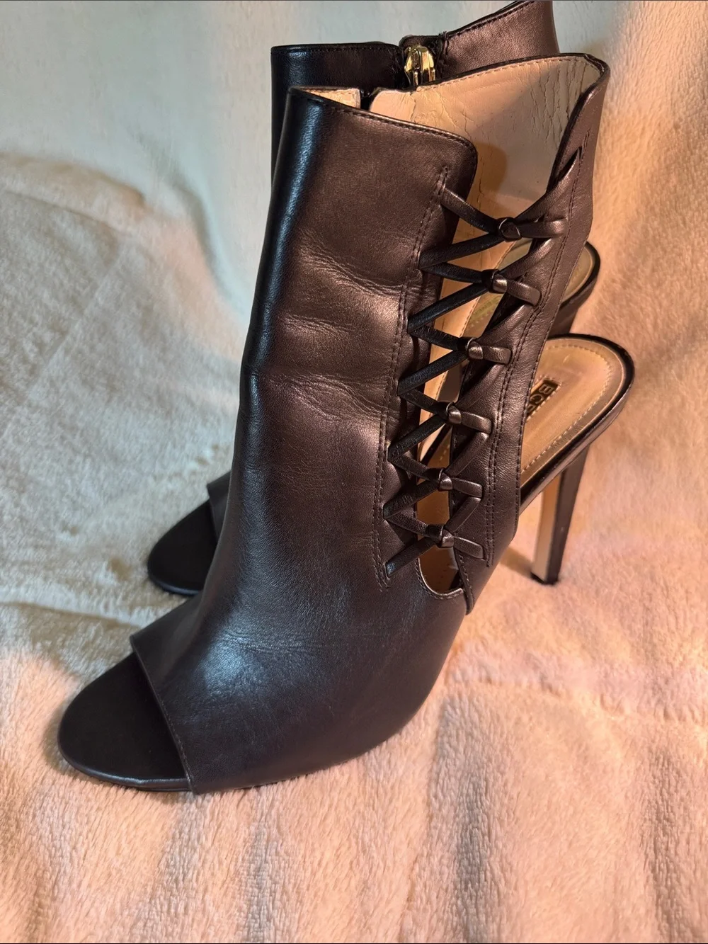 BCBGeneration Black Peep-Toe Lace-Up Stiletto Booties